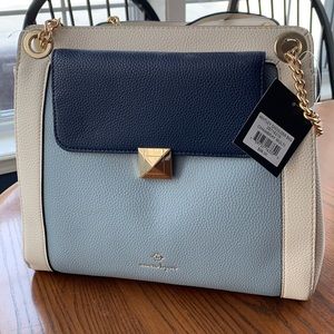 Nanette Lenore Hand Bag, cream color with blue and gold accents